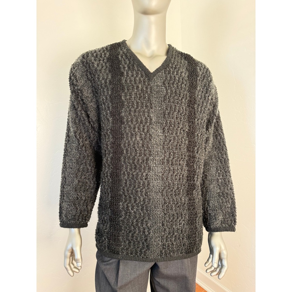 Vintage 80s 90s‎ Mens V-Neck Sweater Chunky Knit Boucle Grey Black Made in USA